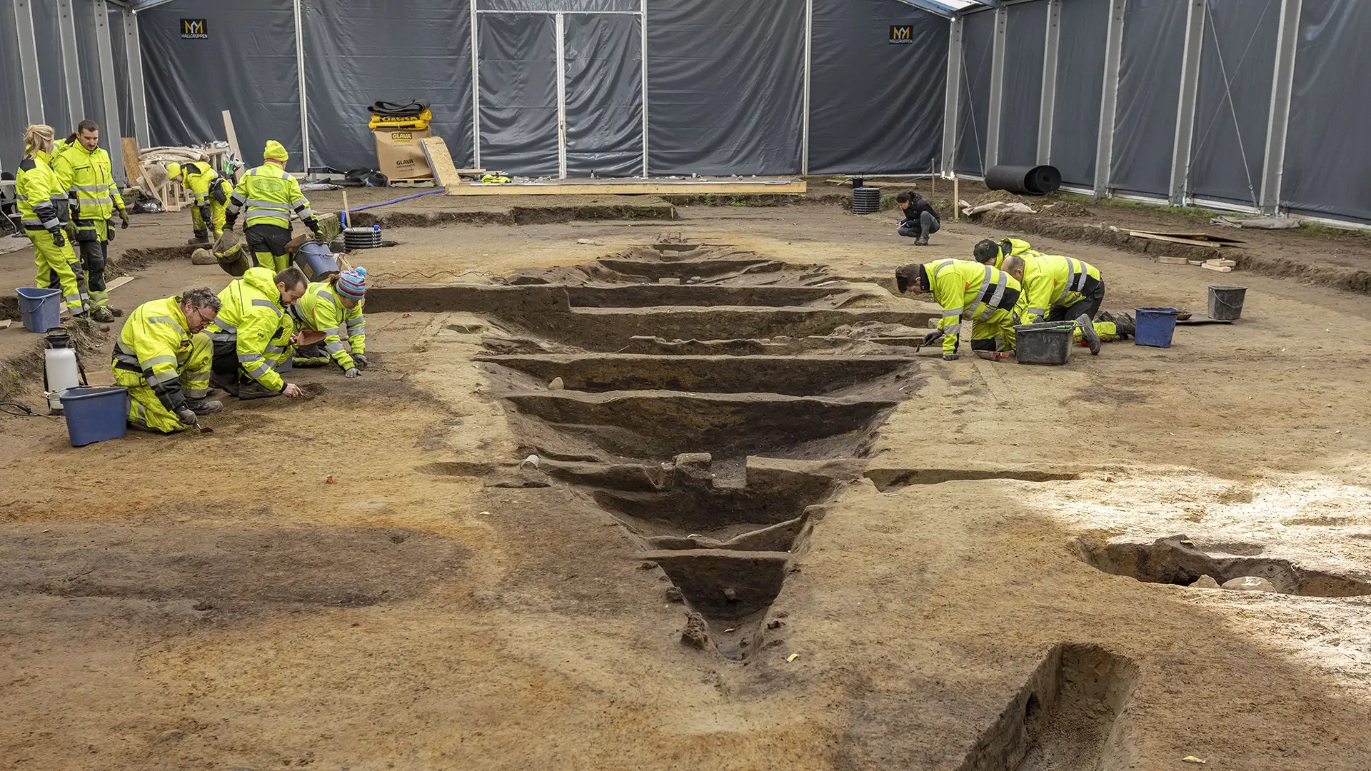 An archaeological excavation of a Viking ship